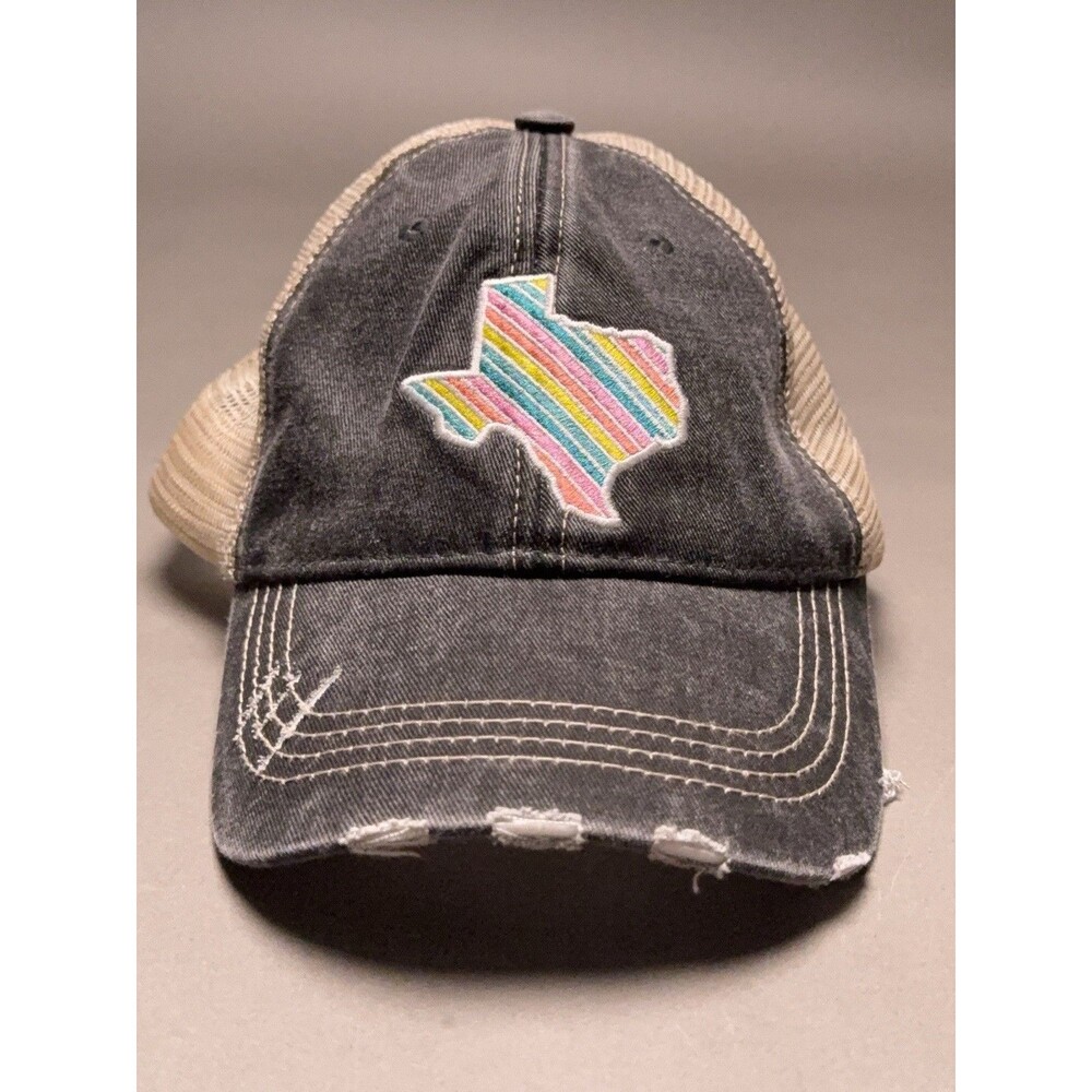 Texas Baseball Cap Strapback Hat Striped Bright Multicolor Denim Distressed